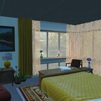 Schlafzimmer mit Wasserbett und Blick in Richtung NW, auf den "Sanctuary Oak Park".